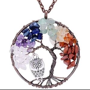 HANDMADE TREE OF LIFE CHAKRA NATURAL GEMSTONE NECKLACE W/ OWL CHARM